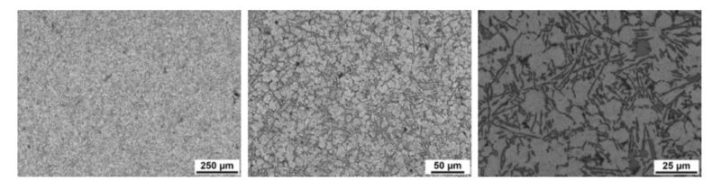 Figure 3 Microstructure of Die Cast Aluminum Alloy Electric Drive Housing (50x, 200x, 500x)