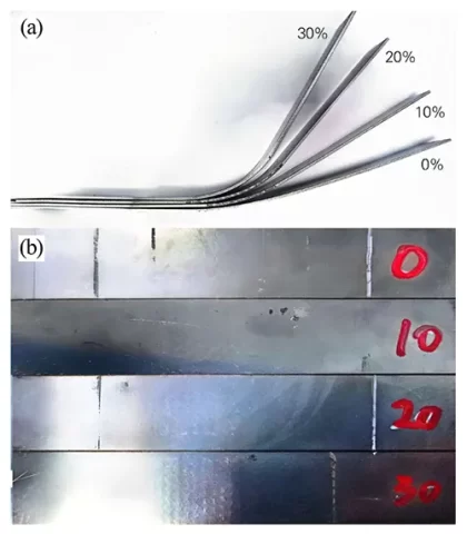 Fig.2 Macro morphologies of the 301L stainless steel specimens after laser shock forming(a) forming test specimen (b) surface integrity test specimen