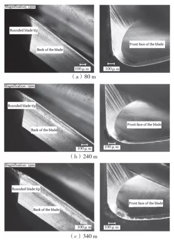 Figure 5 Images showing wear on the Y tool at different cutting distances
