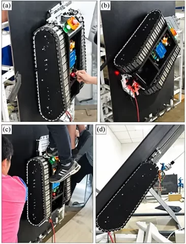Fig.2 Wall climbing sand blasting robot for ship: (a) vertical crawling, (b) turn, (c) load crawling, (d) negative angle crawling